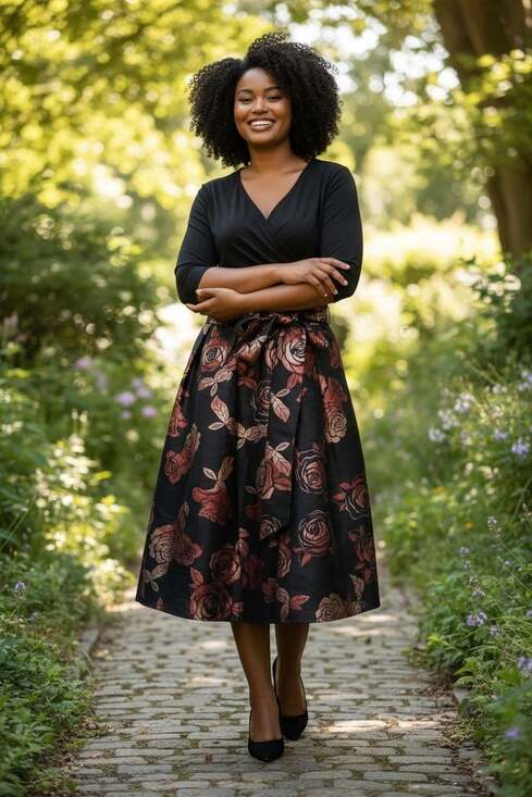 eshakti Dresses & Skirts - eShakti Custom Black V-Neck Dress with Red Rose Jacquard Skirt